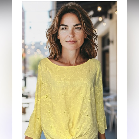 Liz Claiborne Tops - Nwot! Liz Claiborne lightweight yellow eyelet lace tie front top